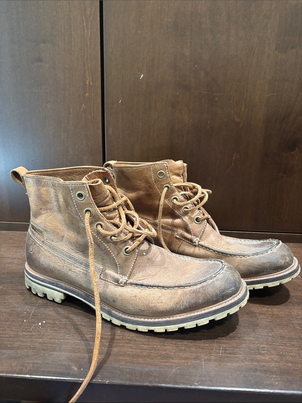 Men's Brown Leather Moc Toe Work Boots - Unknown Brand